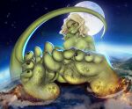 absurd_res anthro breasts cloud colored_nails destruction earth feet female foot_fetish hair hi_res lizard looking_at_viewer macro moon nails nipples nude planet redelder reptile scalie smile solo tail