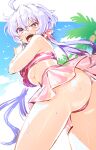  1girl ahoge angry ass bikini bikini_skirt breasts from_below hair_between_eyes hair_ornament hair_scrunchie highres large_breasts long_hair looking_at_viewer low_twintails open_mouth purple_eyes purple_hair red_bikini scrunchie senki_zesshou_symphogear solo strapless strapless_bikini swimsuit twintails underboob v-shaped_eyebrows wada_chiyon wet yukine_chris 