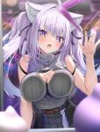  1girl absurdres against_glass animal_ear_fluff animal_ears arcade bare_shoulders belt black_ribbon black_shirt black_skirt blurry blurry_background blurry_foreground blush breast_press breasts breasts_on_glass cat_ears cat_girl chest_harness cleavage_cutout clothing_cutout hair_ribbon harness highres hololive large_breasts long_hair nekomata_okayu nekomata_okayu_(8th_costume) purple_eyes purple_hair ribbon shirt skirt sleeveless sleeveless_shirt solo stuffed_toy torakichi_888 twintails virtual_youtuber 