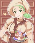  1girl apron ascot breasts brown_apron brown_ascot brown_skirt buttons cake chef_hat food gloves green_eyes green_hair hand_on_own_hip hang_peng_kong hat highres holding holding_cake holding_food holding_plate katy_(pokemon) large_breasts low_side_ponytail mole mole_on_cheek plate pokemon pokemon_sv puffy_short_sleeves puffy_sleeves short_sleeves skirt spider_web_print underbust waist_apron 