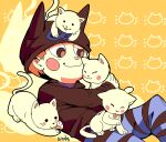  1boy :3 animal animal_on_head animal_on_lap artist_name beanie black_eyes black_hat black_jacket black_sleeves blue_pants blue_shirt blush_stickers cat cat_on_head cat_on_lap closed_mouth collared_jacket commentary danganronpa_(series) danganronpa_v3:_killing_harmony english_commentary feet_out_of_frame half-closed_eye hat holding holding_animal holding_cat horned_hat hoshi_ryoma jacket knee_up leather leather_jacket loiodg long_sleeves looking_at_another lying on_back on_head on_lap orange_hair pants patterned_background shirt short_hair simple_background smile solo striped_clothes striped_pants yellow_background 