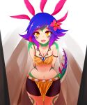 2019 accessory animal_humanoid ayatori belt biped black_gym_shorts blue_hair blush blush_lines breasts chameleon_humanoid cleavage clothed clothing digital_media_(artwork) dipstick_tail female flower flower_in_hair freckles gem green_tail hair hair_accessory hallway hands_behind_back head_crest hi_res humanoid jewelry league_of_legends lizard_humanoid looking_at_viewer mammal markings multicolored_tail necklace neeko_(lol) plant pupils purple_tail purple_tail_tip reptile reptile_humanoid riot_games sapphire_(gem) scalie scalie_humanoid simple_background slit_pupils solo standing tail tail_markings tencent white_background yellow_eyes
