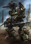  armored_trooper artist_logo blurry blurry_background commentary commission dust_cloud english_commentary full_body glint gun highres holding holding_gun holding_weapon lens_flare mecha mecha_focus no_humans pile_bunker porukima redesign robot science_fiction scopedog shoulder_cannon solo soukou_kihei_votoms standing weapon 