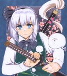  1girl absurdres black_bow black_bowtie black_hairband blue_border blue_eyes border bow bowtie bright_pupils closed_mouth commentary_request ghost grey_hair hairband highres holding holding_sword holding_weapon katana konpaku_youmu_(ghost) long_sleeves looking_at_viewer matsuri_kyuuta short_hair solo sword sword_behind_back touhou upper_body v-shaped_eyebrows weapon white_pupils 