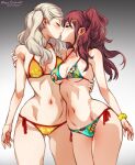  2girls artist_name ass_visible_through_thighs bare_shoulders bikini blonde_hair breasts closed_eyes collarbone commentary dated english_commentary hair_ornament hairclip hug kiss kujikawa_rise medium_breasts medium_hair mina_cream multicolored_bikini multicolored_clothes multiple_girls navel one-armed_hug persona persona_4 persona_5 red_hair side-tie_bikini_bottom standing stomach swimsuit takamaki_anne underboob yuri 