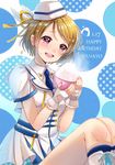  :d blonde_hair blush bowl character_name commentary_request dress earrings fingerless_gloves food food_on_face garrison_cap gloves hair_ribbon happy_birthday hat holding holding_bowl holding_food idol jewelry knees_up koizumi_hanayo legs_together love_live! love_live!_school_idol_project mini_hat necktie onigiri open_mouth purple_eyes red_neckwear ribbon rice rice_on_face sailor_collar sailor_dress sakura_hiyori shirt short_hair sitting smile solo star star-shaped_pupils symbol-shaped_pupils teeth white_gloves white_shirt wonderful_rush yellow_ribbon 