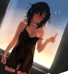  1girl asteria_(driftingprhp) black_camisole black_hair blonde_hair blush breasts camisole cleavage_cutout clothing_cutout collarbone cowboy_shot dutch_angle idolmaster idolmaster_shiny_colors ikaruga_luca indoors middle_finger nose_blush small_breasts solo strap_slip 