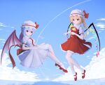  2girls absurdres ascot bat_wings blonde_hair blue_hair blue_sky crystal_wings dress flandre_scarlet hat hat_ribbon highres looking_at_viewer mary_janes multiple_girls nitronn_(nitrun) outdoors red_dress red_eyes red_ribbon remilia_scarlet ribbon shoes siblings sky thighhighs touhou twins white_dress white_mob_cap white_thighhighs wings yellow_ascot 