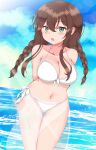  1girl absurdres arms_behind_back bikini blue_sky braid breasts brown_hair cleavage cloud day feet_out_of_frame front-tie_bikini_top front-tie_top green_eyes highres itsuya_(hmizugucti) kantai_collection large_breasts leaning_forward looking_at_viewer low_twintails noshiro_(kancolle) outdoors sarong see-through_sarong side-tie_bikini_bottom sky solo swimsuit thigh_gap twin_braids twintails white_bikini 