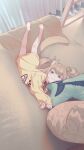  1girl 40hara :3 absurdres animal-shaped_pillow animal_ear_fluff animal_ears animal_print bare_legs barefoot blonde_hair cat_ears cat_print cat_tail collar commentary couch curtains cushion fish_print green_eyes highres indoors kinako_(40hara) long_hair looking_at_viewer lying name_tag on_couch on_side orange_cat original oversized_clothes oversized_shirt parted_bangs paw_pose photo-referenced shirt sidelocks tail twisted_torso 