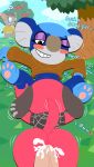 anal animal_crossing animal_crossing_pocket_camp anthro big_butt blue_body blue_fur blush bodily_fluids butt canid canine cherry cherry_(animal_crossing) cum cum_in_ass cum_inside deirdre_(animal_crossing) female female/female first_person_view food fruit fur genital_fluids group group_sex hi_res koala male male/female mammal marsupial nintendo oral outside pawpads paws plant red_body red_fur sex smile sunny threesome trio vombatiform weirdkoaladream yuka_(animal_crossing)