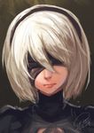  absurdres artist_name black_dress blindfold cleavage_cutout closed_mouth commentary_request dress face hairband highres mole mole_under_mouth nier_(series) nier_automata portrait short_hair shou_mai silver_hair sketch solo turtleneck yorha_no._2_type_b 