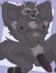 abs anthro armpit_hair armpit_tuft balls biceps blaidd_(elden_ring) bodily_fluids body_hair canid canine canis chest_hair chest_tuft elden_ring erection fangs fromsoftware fur genital_fluids genitals grey_body grey_fur hair happy_trail hi_res humanoid_genitalia humanoid_penis isaacyote_(artist) looking_at_viewer male mammal muscular muscular_anthro muscular_male nipples nude pecs penis pubes purple_eyes scar simple_background smile solo tail teeth tuft wolf