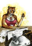  4_fingers anthro brown_eyes clothed clothing drawing ear_piercing eyelashes feline female fur jewelry mammal natoli necklace orange_fur piercing tiger traditional_media_(artwork) 