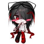  1girl 2000s_(style) absurdres bandaged_arm bandages black_bow black_hair black_socks blood blood_on_face blood_on_weapon bow chibi highres holding holding_knife knife looking_at_viewer one_eye_covered original pale_skin panties red_eyes red_hair red_panties red_socks shirt sitting socks underwear weapon white_shirt x7 