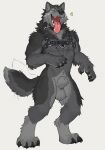 animal_genitalia anthro balls canid canine canis collar fangs fully_sheathed fur genitals grey_body grey_fur harness hi_res male mammal sheath simple_background solo standing tail tail_motion tailwag teeth tongue tongue_out tritscrits wolf