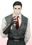  black_hair black_vest cocktail_glass commentary cup drinking drinking_glass english_commentary gauntlets green_eyes hair_slicked_back highres ice ice_cube id_card limbus_company meursault_(project_moon) necktie project_moon red_necktie sasoura vest 