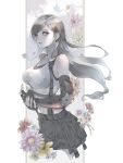  1girl bare_shoulders black_bra black_gloves black_hair black_skirt black_sports_bra border bra breasts cowboy_shot crop_top dangle_earrings earrings elbow_gloves elbow_pads final_fantasy final_fantasy_vii final_fantasy_vii_rebirth final_fantasy_vii_remake fingerless_gloves floral_background gloves grey_eyes hair_tie highres jewelry large_breasts long_hair looking_at_viewer low-tied_long_hair midriff miniskirt navel own_hands_together parted_lips pillarboxed pleated_skirt ryokuyuu shirt single_elbow_pad skirt sleeveless sleeveless_shirt solo sports_bra suspenders swept_bangs tifa_lockhart underwear white_border white_shirt 