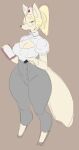  anthro big_breasts big_tail blonde_hair bottomwear breasts canid canine cheek_tuft cleavage_cutout clipboard clothing cutout eyelashes eyewear facial_tuft female fox fur glasses grey_background grey_bottomwear grey_clothing grey_eyes grey_pants grey_topwear hair headgear headwear hi_res holding_clipboard holding_marker holding_object mammal nurse nurse_clothing nurse_headwear pants ponytail shnibbles simple_background solo tail tan_body tan_fur thick_thighs topwear tuft wide_hips 