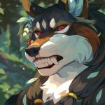 absurd_res anthro bared_teeth black_body black_fur black_sclera blurred_background brown_body brown_fur bust_portrait cheek_tuft chest_tuft corzh77 facial_tuft fangs fur hi_res male outside plant portrait red_eyes solo teeth tree tuft white_body white_fur