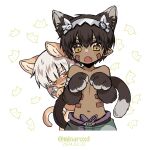  1boy 1other androgynous animal_ears animalization artist_name blackcat_(blackcatbox) brown_eyes brown_fur brown_hair cat_ears cat_tail child dark_skin facial_mark facial_tattoo fang furrification furry furry_male green_shorts hair_between_eyes horizontal_pupils light_blush long_hair looking_at_viewer made_in_abyss metal_hairband multicolored_clothes multicolored_eyes multicolored_shorts nanachi_(made_in_abyss) navel open_mouth pants pointy_ears purple_shorts regu_(made_in_abyss) robot sharp_teeth shorts simple_background tail tattoo teeth topless_male transformation twintails two-tone_eyes upper_body v-shaped_eyebrows white_background white_hair yellow_eyes 