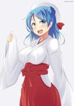 alternate_costume bad_id bad_pixiv_id blue_eyes blue_hair blush breasts double_bun hakama hat japanese_clothes kankitsunabe_(citrus) kantai_collection large_breasts looking_at_viewer miko open_mouth red_hakama sailor_hat smile solo urakaze_(kantai_collection) white_hat 
