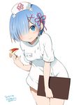  :3 apple_bunny apple_slice aqua_eyes artist_name blue_hair blush breasts cat character_name closed_mouth cowboy_shot dated food hair_ornament hair_over_one_eye hair_ribbon hat holding holding_food leaning_forward medium_breasts name_tag nurse nurse_cap pink_ribbon ragho_no_erika re:zero_kara_hajimeru_isekai_seikatsu rem_(re:zero) ribbon short_hair signature simple_background smile solo thighs white_background x_hair_ornament 