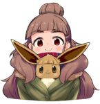  1girl blunt_bangs blush brown_eyes brown_hair crossover eevee fur-trimmed_jacket fur_trim green_jacket hair_bun idolmaster idolmaster_cinderella_girls jacket kamiya_nao long_hair looking_at_viewer lowres moru_(monaka) pokemon pokemon_(creature) red_eyes simple_background single_hair_bun smile upper_body white_background 