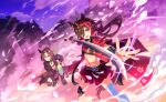  2girls alternate_costume animal_ears antenna_hair armor banner breasts brown_eyes brown_hair hair_ornament headband horse_girl jacket japanese_armor katana knee_pads kneeling long_hair looking_at_viewer low_twintails medium_hair midriff multiple_girls navel no_reason_(umamusume) petals smoke sword thighhighs twintails umamusume weapon yaeno_muteki_(umamusume) yellow_eyes 