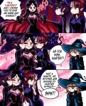  4girls blush breasts cape cleavage commentary english_commentary english_text fangs fangs_out finger_to_mouth girl_sandwich grs- harem hat heart highres kiss kissing_cheek multiple_girls original pointy_ears sandwiched shushing sparkle speech_bubble vampire witch witch_hat yuri 