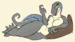 amber_eyes anthro bedroom_eyes belly blue_(jurassic_world) blue_markings breasts claws draw_me_like_one_of_your_french_girls female gesture grey_body jurassic_park jurassic_world karkrx23 markings meme narrowed_eyes non-mammal_breasts pillow seductive solo suggestive suggestive_gesture tongue tongue_out universal_studios white_belly