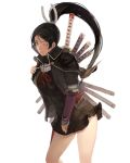  1girl black_hair black_jacket brown_eyes holding jacket katana long_hair multiple_swords one_eye_closed original pink_lips ponytail scabbard sheath simple_background skirt solo standing sword take_no_ko_(dodon) tied_hair torn_clothes upper_body vambraces weapon weapon_on_back white_background 