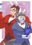 akashi_(live_a_hero) anthro blush bow_tie brown_body brown_fur canid canine canis clothing dog_operator domestic_dog duo eyebrows eyewear fake_ears fake_rabbit_ears fur glasses hi_res human kusarikakemono lifewonders live_a_hero male male/male mammal muscular muscular_human protagonist_(live_a_hero) scar suit thick_eyebrows