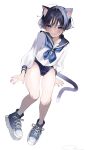  1boy animal_ears black_hair blue_eyes blue_neckerchief blush cat_ears cat_tail genshin_impact highres looking_at_viewer ma_d_k_89 male_focus neckerchief scaramouche_(genshin_impact) school_swimsuit school_uniform serafuku shoes short_hair smile sneakers solo swimsuit tail white_background white_serafuku 