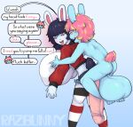 absurd_res anthro big_breasts blush breasts carrying_another claire_(razbunny) dialogue duo female genitals hair hi_res huge_breasts hyper hyper_breasts hyper_genitalia imminent_sex lagomorph leporid male male/female mammal mind_control piggyback pink_eyes pink_hair rabbit razbunny razz_(razbunny) small_but_hung