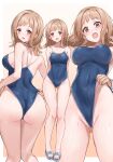  1boy 1girl arms_behind_back ass back bare_legs bare_shoulders blue_one-piece_swimsuit blush breasts brown_eyes cameltoe cleavage clothes_pull competition_school_swimsuit covered_navel groping highres huge_ass idolmaster idolmaster_shiny_colors large_breasts light_brown_hair looking_at_viewer looking_back medium_hair multiple_views one-piece_swimsuit one-piece_swimsuit_pull open_mouth partially_visible_vulva sakuragi_mano sandals school_swimsuit smile standing sweat swept_bangs swimsuit thighs toes wedgie yoi_naosuke 