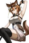  1girl absurdres animal_ears arknights arm_strap arm_up armpits barach belt black_belt black_thighhighs breasts brown_eyes brown_hair cat_ears commentary dress feet_out_of_frame flower grin hair_flower hair_ornament highres large_breasts long_hair looking_at_viewer parted_lips pouch rose short_dress simple_background sleeveless sleeveless_dress smile solo thighhighs thighs vendela_(arknights) white_background white_dress white_flower white_rose wristband 