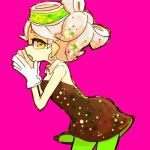  1girl bare_shoulders black_dress commentary_request detached_collar dress earrings eyelashes fang from_side gloves green_pantyhose grey_hair inkling jewelry lowres marie_(splatoon) open_mouth pantyhose pink_background short_hair simple_background solo splatoon_(series) tentacle_hair tora_kaede white_gloves yellow_eyes 