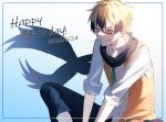  1boy black_hair blonde_hair dogeza glasses happy_birthday highres lawless_(servamp) male_focus mori_b_mori multicolored_hair scarf servamp short_hair smile two-tone_hair 