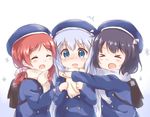  &gt;_&lt; 3girls :d ^_^ araki495 bag black_hair blue_eyes blue_hair blue_hat blush chimame-tai closed_eyes fang girl_sandwich gochuumon_wa_usagi_desu_ka? hair_ornament hat jouga_maya kafuu_chino kafuu_chino's_school_uniform long_hair multiple_girls natsu_megumi open_mouth red_hair sandwiched scarf school_bag school_uniform short_hair smile wavy_mouth x_hair_ornament xd 