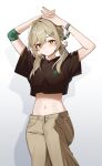 1girl alternate_costume arms_on_head arms_up black_shirt bracelet brown_hair brown_pants commentary cropped_shirt elbow_pads green_eyes hair_between_eyes hair_ornament hievasp highres honkai:_star_rail honkai_(series) jewelry low_twintails midriff navel pants pearl_bracelet pom_pom_(clothes) pom_pom_hair_ornament qingque_(honkai:_star_rail) shadow shirt short_sleeves simple_background single_elbow_pad twintails white_background 