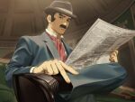  1boy ace_attorney blue_coat blurry blurry_background brown_eyes brown_footwear brown_hair character_request closed_mouth coat collared_shirt crossed_legs facial_hair fedora foot_out_of_frame grey_hat hat highres holding holding_newspaper kune_akiro male_focus mature_male mustache necktie newspaper red_necktie shirt shoes sitting solo thick_eyebrows white_shirt 