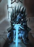  2016 anthro appletail blue_eyes blue_fur canine chair claws clothing digital_media_(artwork) dire_wolf fan_character fur game_of_thrones greatsword looking_at_viewer magical_weapon male mammal melee_weapon scar sitting solo strifeheart_crescentmoon_(character) sword throne weapon were werewolf white_eye wolf 
