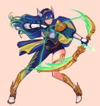  1girl alternate_costume armor arrow_(projectile) asymmetrical_clothes asymmetrical_legwear blue_cape blue_eyes blue_gloves blue_hair blue_pants bow_(weapon) breastplate cape closed_mouth commentary commission english_commentary fire_emblem fire_emblem_awakening floating_hair full_body gloves gold_trim green_hair highres holding holding_bow_(weapon) holding_weapon long_hair lucina_(fire_emblem) multicolored_hair pants pauldrons sethkiel shoes shoulder_armor simple_background single_pantsleg single_pauldron smile solo streaked_hair tiara two-tone_hair weapon white_footwear wing_hair_ornament yellow_background 