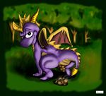  anus claws digital_media_(artwork) dragon feces feral horn looking_at_viewer male malroth membranous_wings pooping scalie scat solo spyro spyro_the_dragon tree video_games wings 