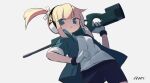  1girl blonde_hair ear_protection fami_(yellow_skies) gloves green_eyes gun iris_(material_sniper) jacket looking_at_viewer material_sniper open_clothes open_jacket over_shoulder ponytail rifle shorts sidelocks simple_background sniper_rifle solo weapon weapon_over_shoulder 