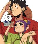  1boy 1girl ? black_hair blush_stickers child closed_mouth green_kimono hair_ornament hand_on_another&#039;s_arm hand_up hat highres japanese_clothes kimono kurozumi_tama long_hair m_(user_gjgn8588) monkey_d._luffy official_alternate_costume one_piece purple_eyes purple_hair red_kimono scar scar_on_cheek scar_on_face short_hair speech_bubble spoken_question_mark straw_hat unworn_hat unworn_headwear upper_body white_background wide_sleeves 