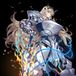  1girl absurdres armor barghest_(fate) barghest_(first_ascension)_(fate) blonde_hair breastplate breasts chain fate/grand_order fate_(series) faulds fire gauntlets greaves green_eyes highres horns large_breasts long_hair looking_at_viewer matsuryuu pauldrons shoulder_armor solo sword thighs weapon 