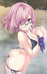  ahoge alternate_costume ass bikini blush breasts butt_crack collarbone eyebrows_visible_through_hair fate/grand_order fate_(series) glasses hair_over_one_eye looking_at_viewer lowleg lowleg_bikini mash_kyrielight medium_breasts nijimoto_hirok open_mouth outdoors pink_hair purple_bikini purple_eyes short_hair side-tie_bikini solo steam swimsuit 