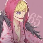  1boy black_coat blonde_hair coat collared_shirt commentary_request donquixote_rocinante feather_coat heart heart_print hood light_smile looking_at_viewer makeup male_focus numbered one_piece pink_shirt purple_background shirt short_hair simple_background solo upper_body yoshicha 